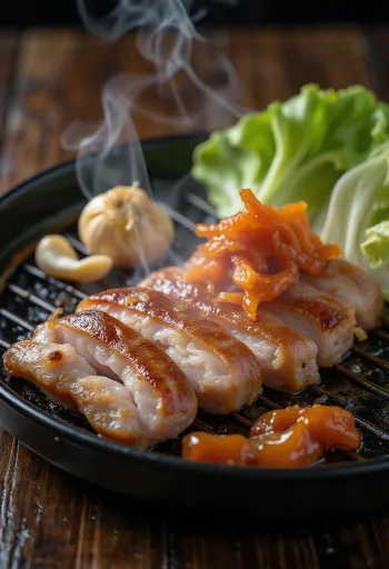Samgyeopsal servito con lattuga e kimchi