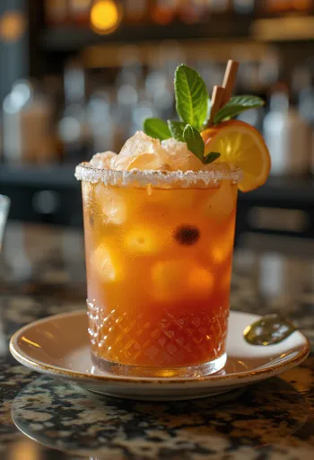 Cocktail Zombie decorato con foglie di menta e fetta d'arancia