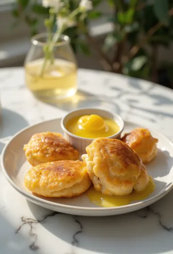 Æbleskiver con crema al limone, sferette fresche e paffute, decorate con salsa al limone