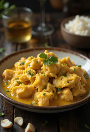 Ají de Gallina all'aglio, servito con pollo succoso e salsa ricca.