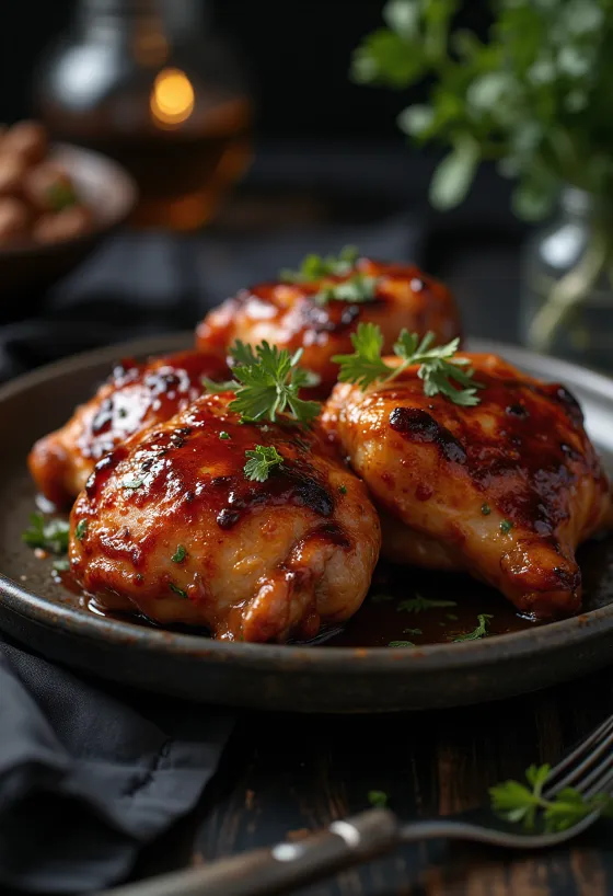 Cosce di pollo BBQ cotte al forno, servite con patate al forno