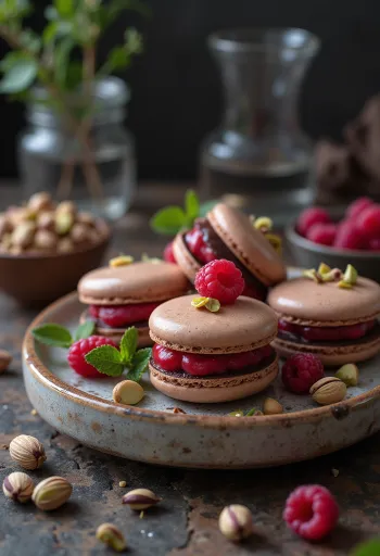 Macaron cioccolato, lampone e pistacchio serviti
