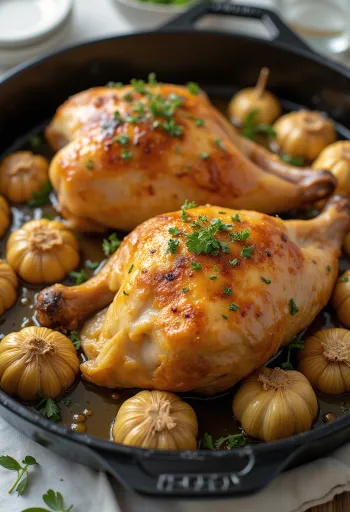 Pollo arrosto all'aglio dorato al forno, decorato con erbe fresche