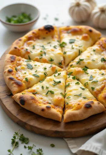 Pizza quattro formaggi con olio all'aglio servita