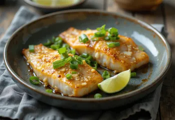 Pesce Persico Shioyaki grigliato, servito con coriandolo fresco e lime