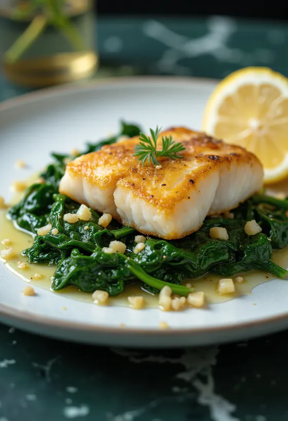 Pesce alla griglia con spinaci all'aglio servito
