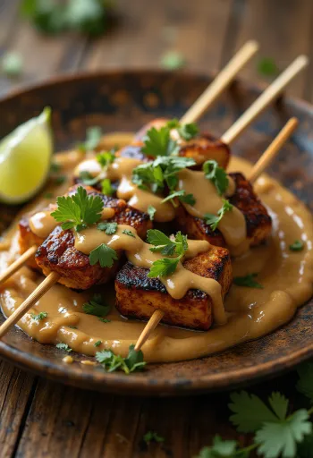 Satay di tempeh con salsa di arachidi, spiedini grigliati serviti con salsa