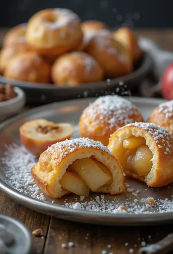 Æbleskiver con ripieno di mela e cannella, cotti fino a doratura, spolverati di zucchero a velo