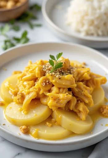 Ají de gallina senza uova, servito con pollo in salsa gialla cremosa, riso e patate