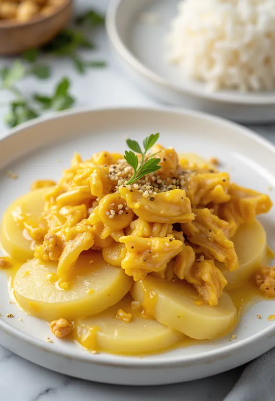 Ají de gallina senza uova, servito con pollo in salsa gialla cremosa, riso e patate