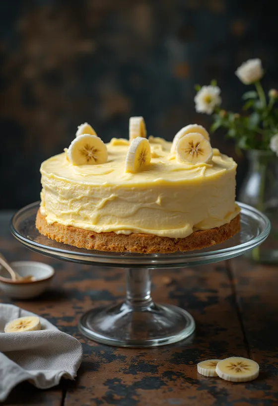 Torta crema di banane decorata con fette di banana
