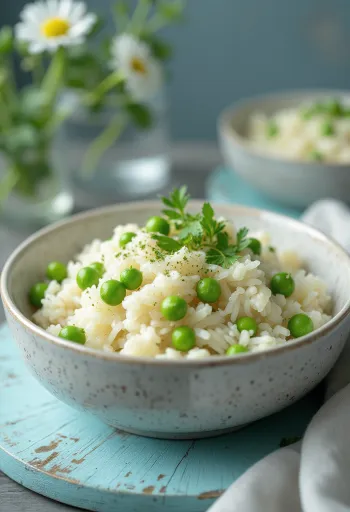 Riso con piselli risi e bisi servito in ciotola