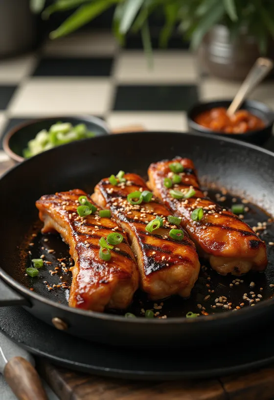 Galbi al Kimchi fette di manzo grigliate, decorate con cipollotto e semi di sesamo