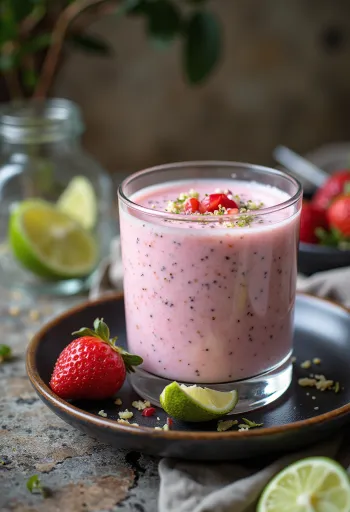 Kefir probiotico fragola e lime in bicchieri, con pezzi di frutta rosati