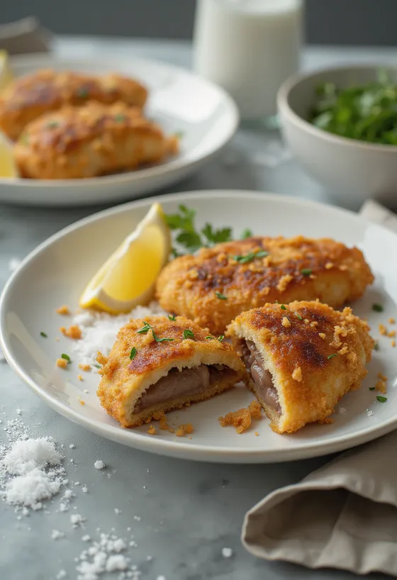 Fegato di maiale impanato fritto dorato e croccante, servito con insalata fresca.