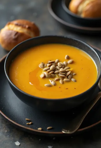 Vellutata di zucca, servita con semi tostati e olio extravergine d'oliva fresco.