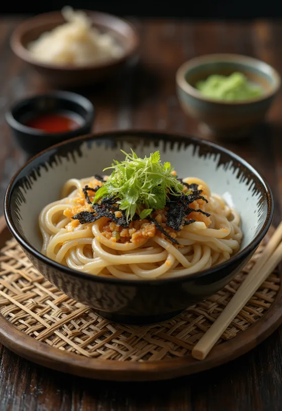 Zaru soba con wasabi, soba fresca, servita con salsa di soia, lime e coriandolo