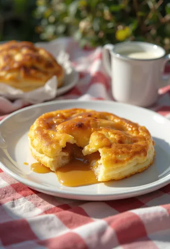 Æbleskiver ripieni di crema al caramello cotti fino a doratura, spolverati di zucchero a velo