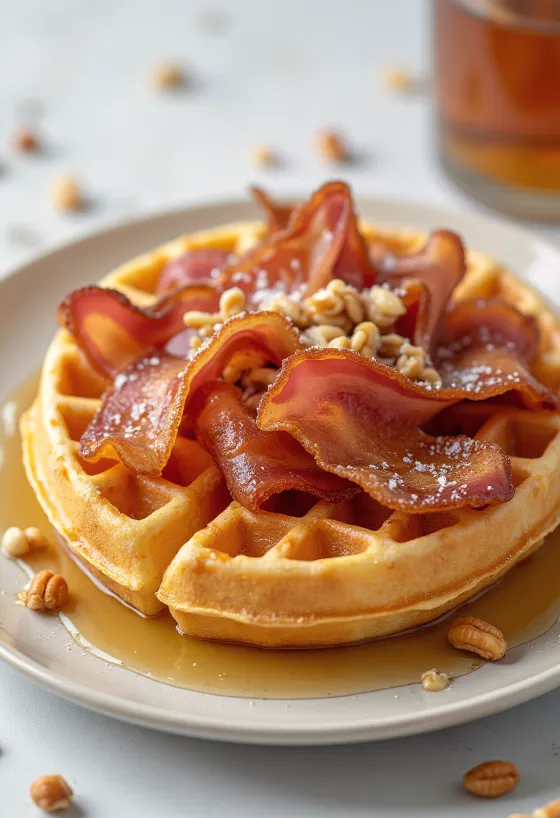 Waffle belga-americano con sciroppo d'acero e bacon