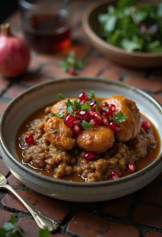 Fesenjoon con pollo servito, chicchi di melograno e riso