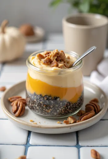Chia pudding alla zucca, servito con cannella e noci tostate.