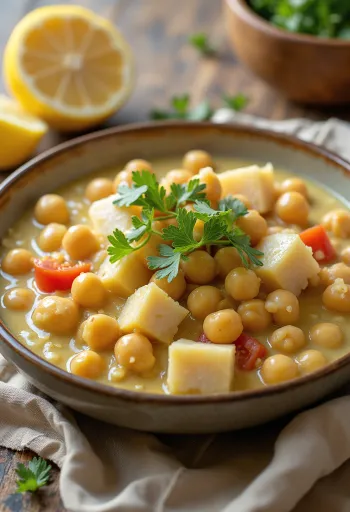 Tenga con ceci, in salsa ricca, guarnito con coriandolo fresco