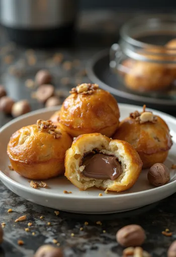 Æbleskiver ripieni alla Nutella cotti fino a doratura, spolverati di zucchero a velo