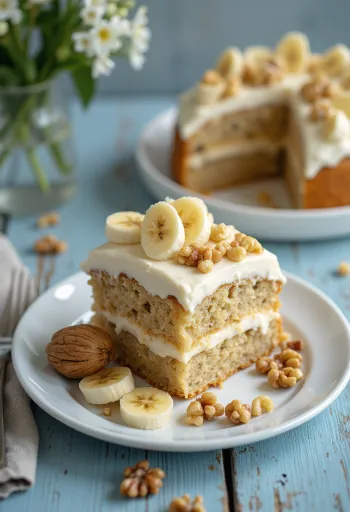 Torta alla crema di banane e noci decorata con fette di banana e noci