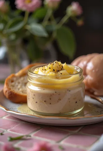 Paté di fegatini di pollo dalla consistenza cremosa, servito con erbe fresche e pane tostato croccante