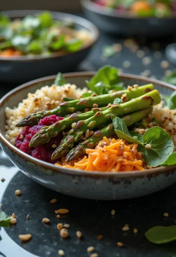 Buddha Bowl con asparagi grigliati servita