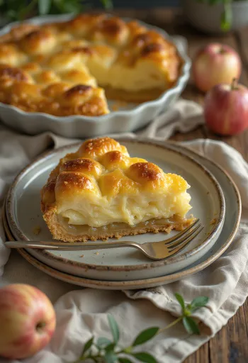 Torta salata prebiotica porri e mele cotta e dorata, servita a fette