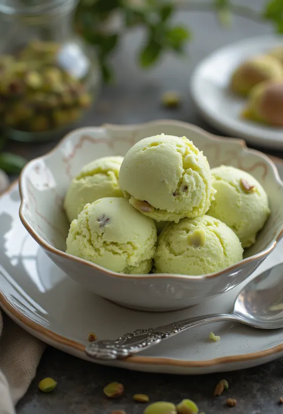 Gelato al Pistacchio e Acqua di Rose servito