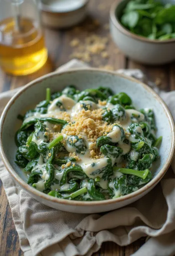 Cremosi spinaci alla panna appena cotti, serviti su piatto bianco.
