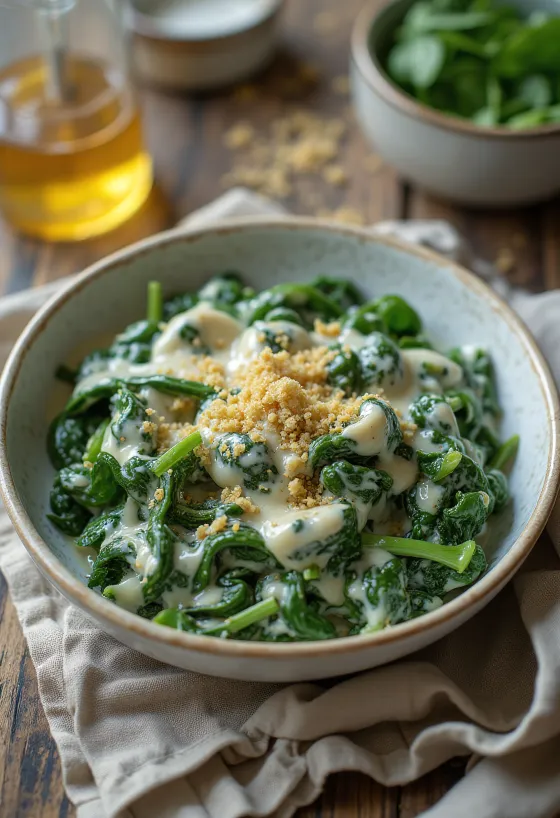 Cremosi spinaci alla panna appena cotti, serviti su piatto bianco.