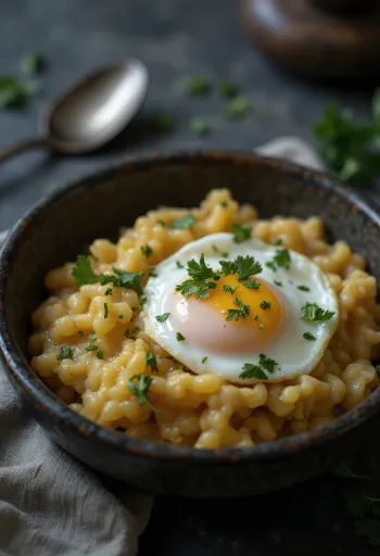 Açorda con uovo in camicia, decorata con coriandolo fresco, irrorata con succo di limone