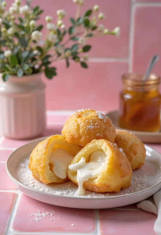 Æbleskiver con ripieno di ricotta, colore dorato, serviti spolverati di zucchero a velo