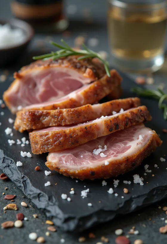 Secreto di maiale iberico servito con spicchi di limone e verdure grigliate.