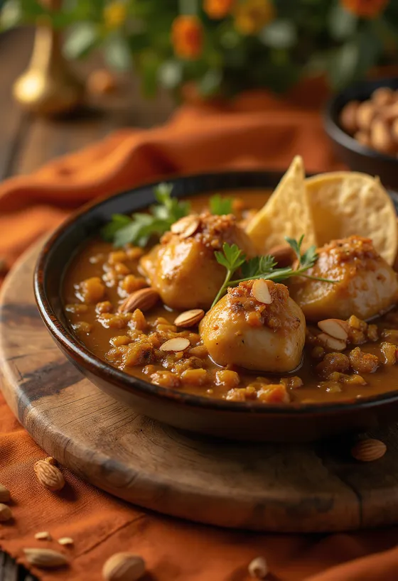 Mole pipián servito con carne di pollo, panna acida e mandorle