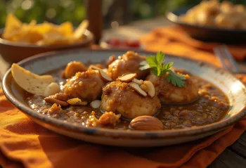 Mole pipián servito con carne di pollo, panna acida e mandorle