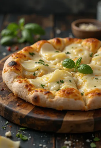 Pizza ai Formaggi servita con vari formaggi e basilico fresco