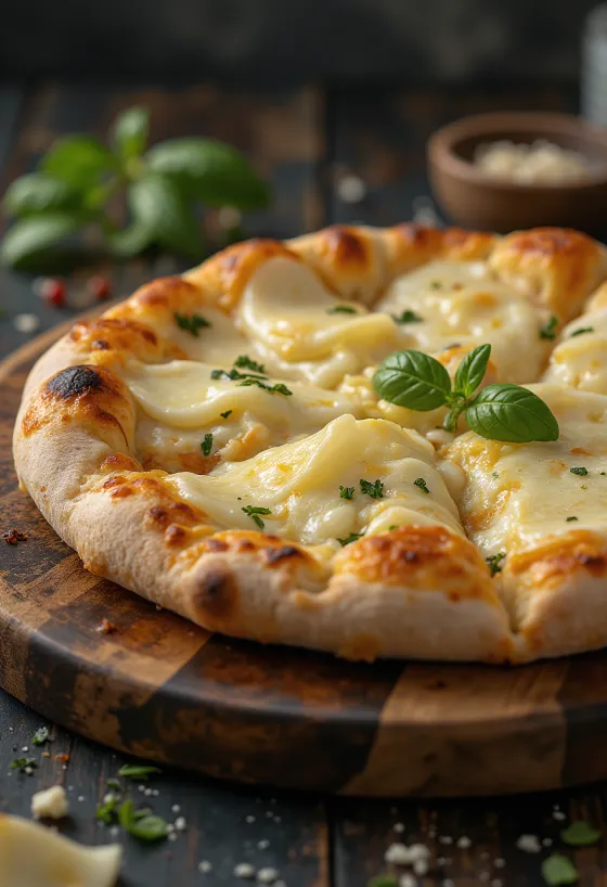 Pizza ai Formaggi servita con vari formaggi e basilico fresco