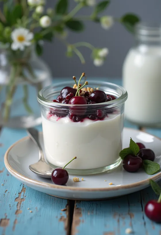 Yogurt Probiotico alle Ciliegie servito con ciliegie fresche