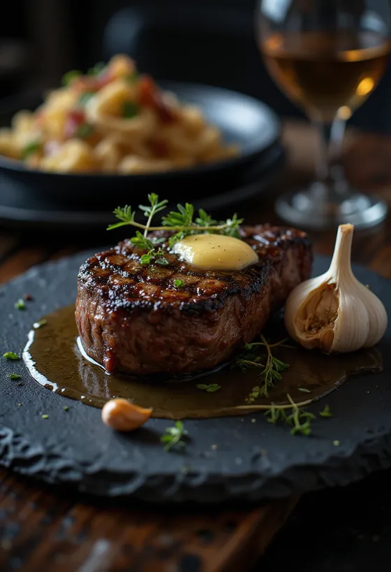 Rib eye steak dorata in padella, servita con erbe fresche e burro