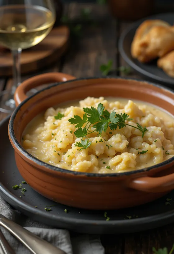 Açorda con baccalà, zuppa di pesce con vino bianco, latte e prezzemolo fresco