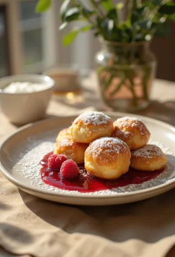 Æbleskiver serviti con marmellata di lamponi e zucchero a velo