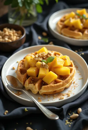 Waffle d'ispirazione africana con mango, arachidi e succo di lime