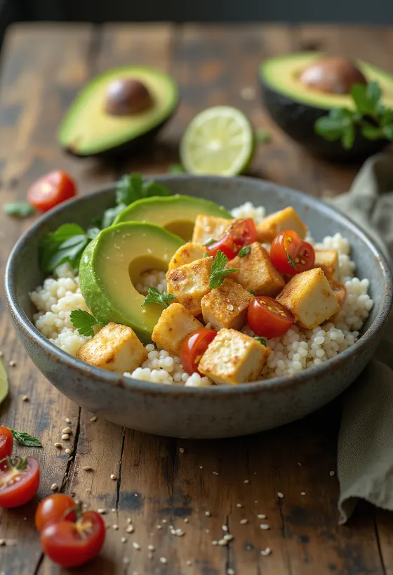 Insalata di tofu, avocado e lime su base di quinoa