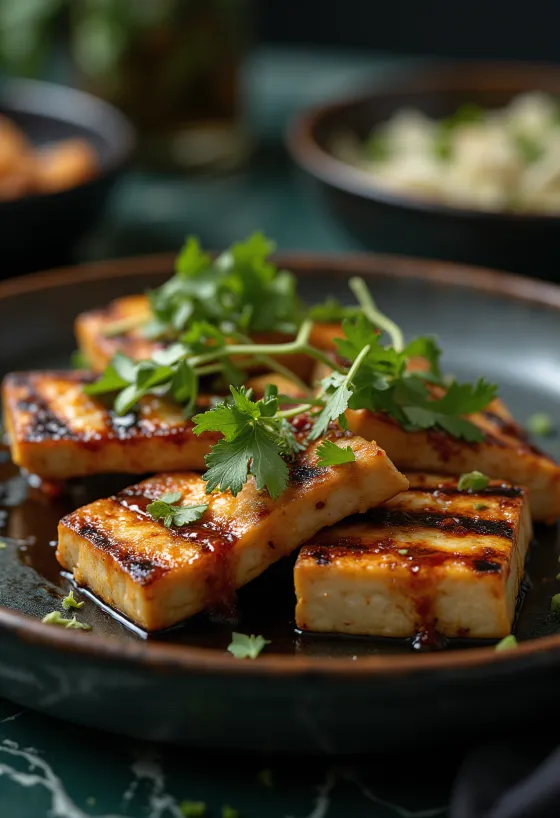 Tofu grigliato in salsa piccante servito