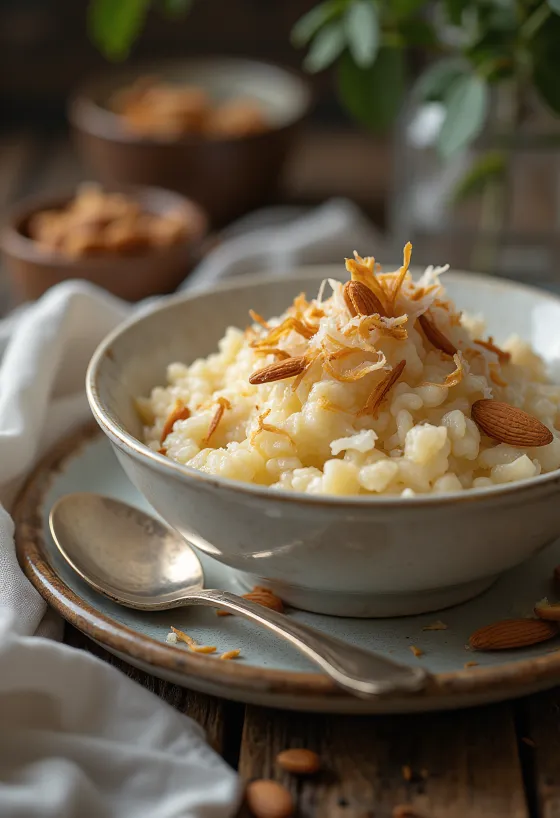 Narkeler payesh pudding di riso al cocco, decorato con scaglie di mandorle e cocco.
