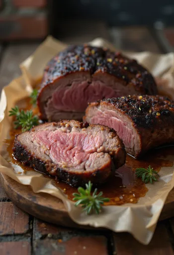 Smoked brisket servito a fette sottili con salsa barbecue e contorni